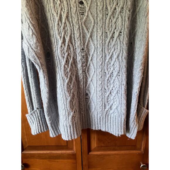 Free People Women's Distressed Complex Cable Knit Sweater Long Sleeve Blue SZ M - Picture 5 of 12